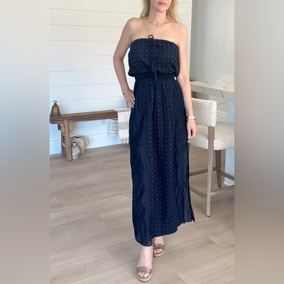Athleta Dresses & Skirts - Athleta Strapless Maxi Dress Women’s S Navy Eyelet Silk Cotton Blens